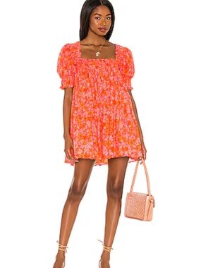 Lovers + Friends Orange and Pink Smocked Ruffle Top